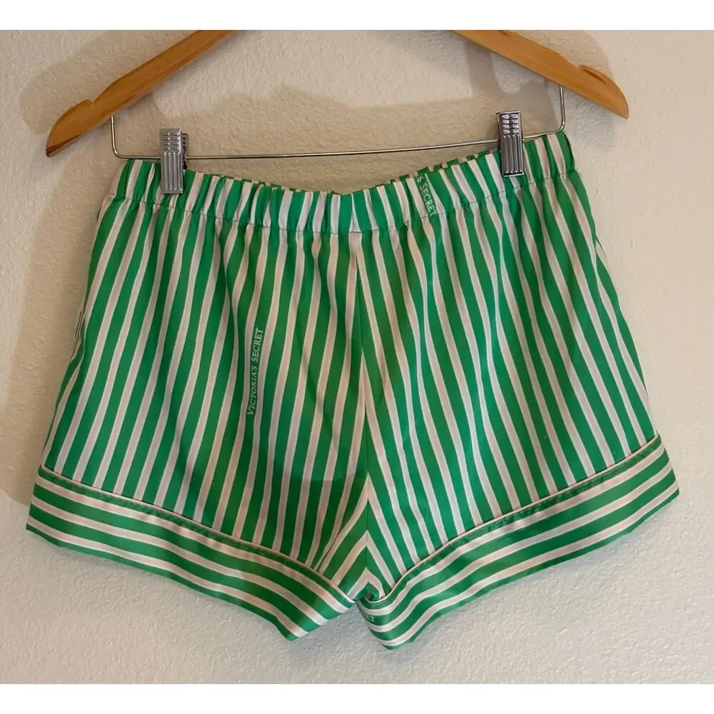 VICTORIA’S SECRET Pajama Lounge Shorts | Green White Stripe Satin Soft | SMALL - Picture 2 of 5